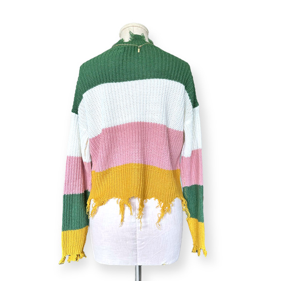 SAKS FIFTH AVENUE Colorblock Frayed Hem Sweater V-Neck Knit Pink Green Yellow - Picture 6 of 9